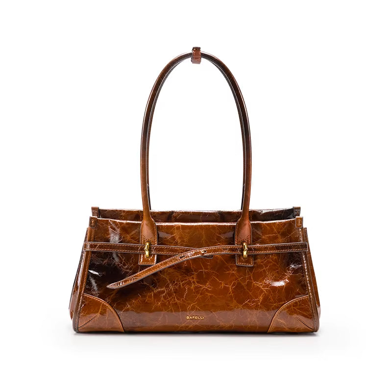 Genuine Leather Boston Bag Women'S 2025 New Oil Wax Leather Baguette Bag Shoulder Crossbody Vintage Large Capacity