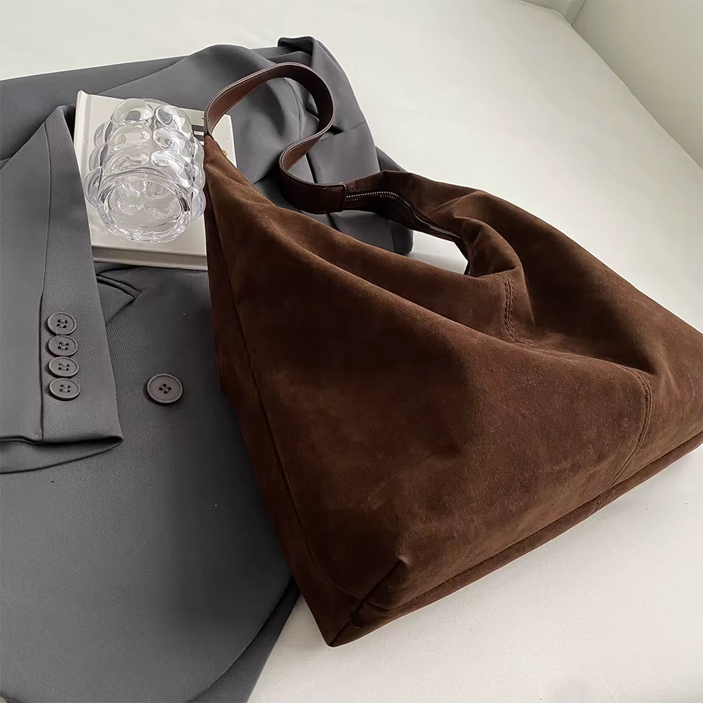 Suede Bag for Women Vintage Tote Bag Large Capacity PU Leather Shoulder Bag Simple Casual Handbag Travel Commuter Underarm Bag
