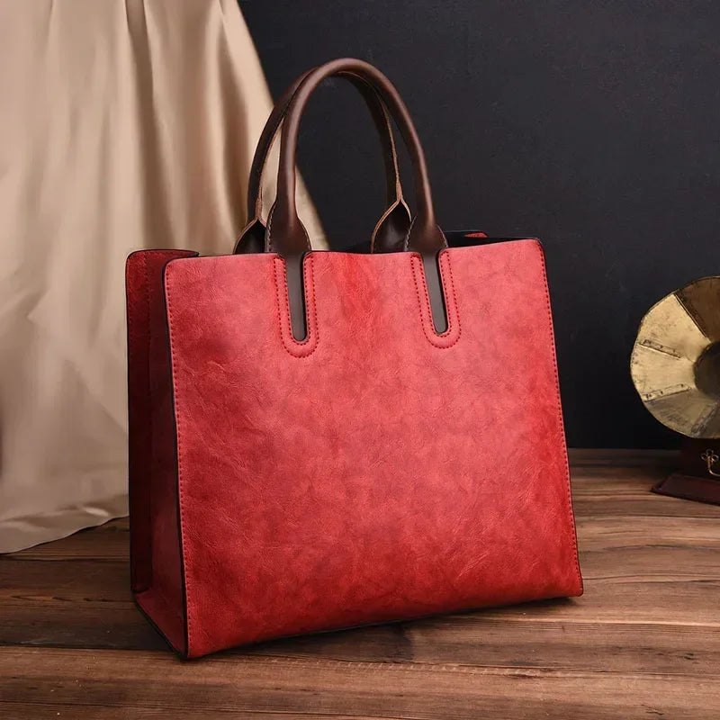 Vintage OIL SKIN Leather Big Casual Tote Women Bags High Quality Women'S Handbags Shoulder Crossbody Bag Messenger Bags Sac