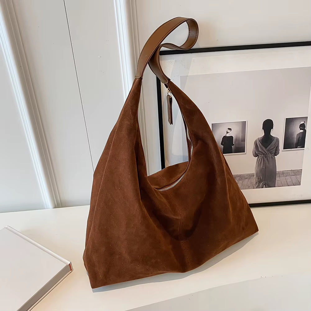 Suede Bag for Women Vintage Tote Bag Large Capacity PU Leather Shoulder Bag Simple Casual Handbag Travel Commuter Underarm Bag