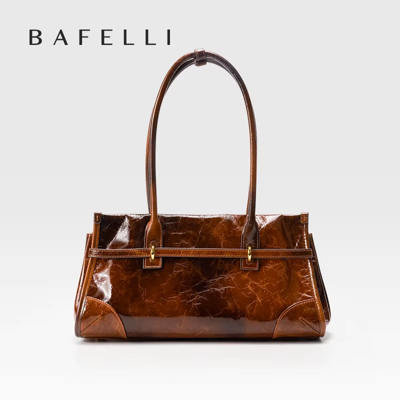 Genuine Leather Boston Bag Women'S 2025 New Oil Wax Leather Baguette Bag Shoulder Crossbody Vintage Large Capacity