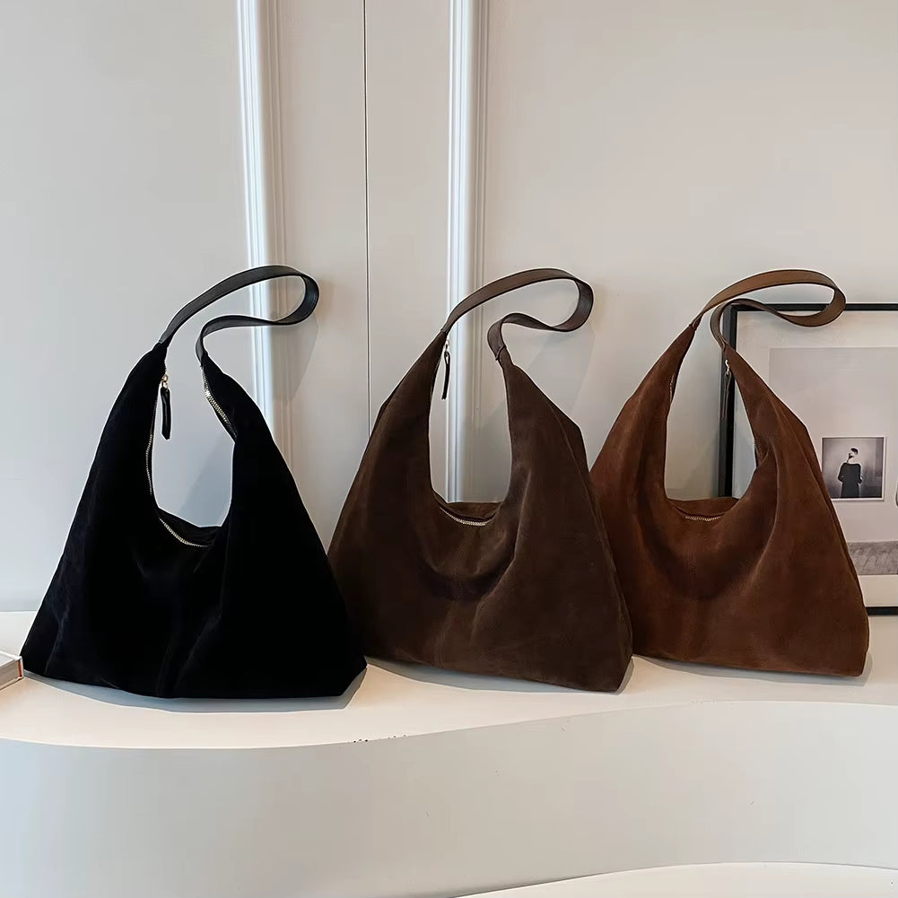 Suede Bag for Women Vintage Tote Bag Large Capacity PU Leather Shoulder Bag Simple Casual Handbag Travel Commuter Underarm Bag