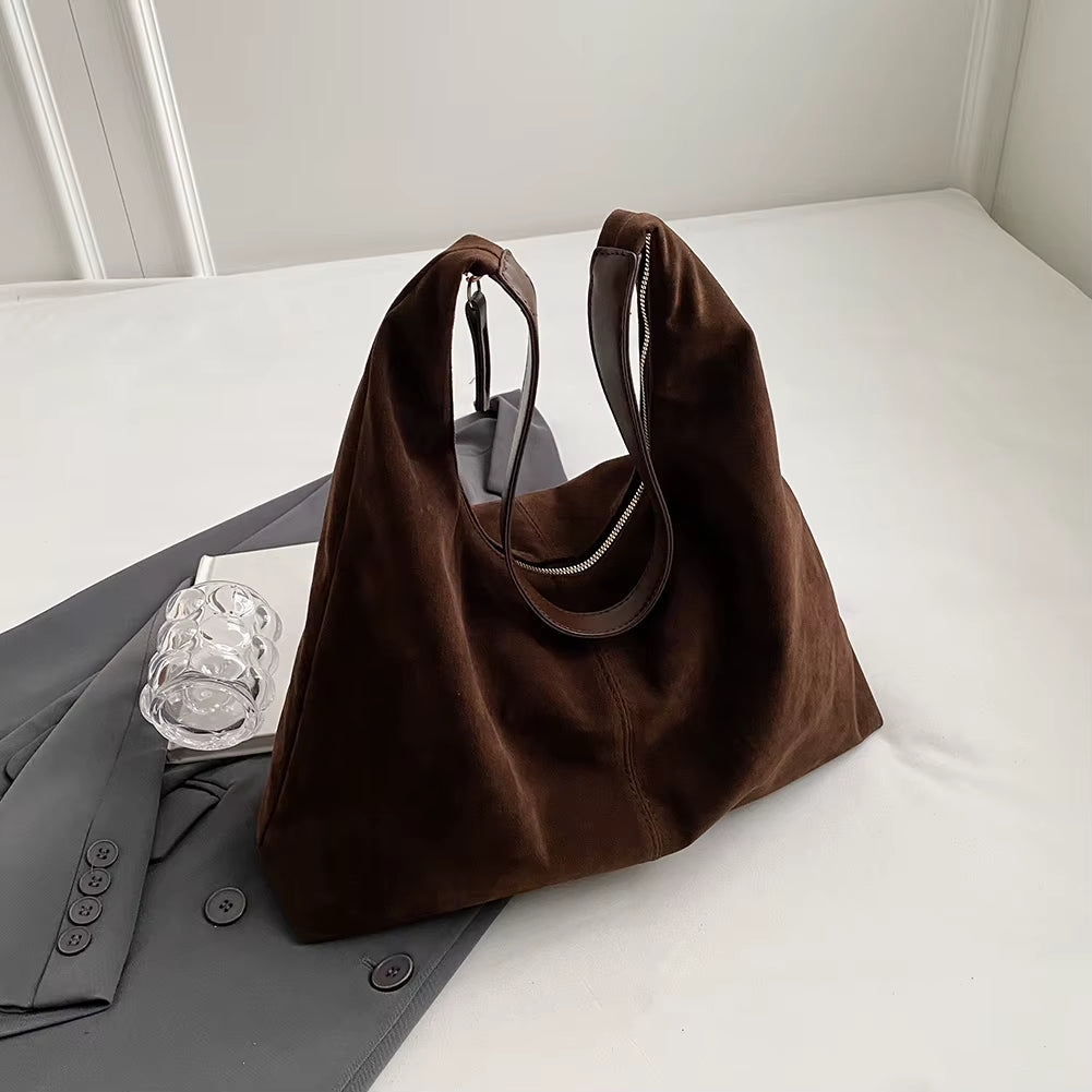 Suede Bag for Women Vintage Tote Bag Large Capacity PU Leather Shoulder Bag Simple Casual Handbag Travel Commuter Underarm Bag