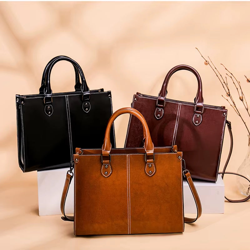 Genuine Leather Women Handbag Shoulder Cross Body Tote Bag Shopping Fashion Office Female Real Cowhide Messenger Top Handle Bags