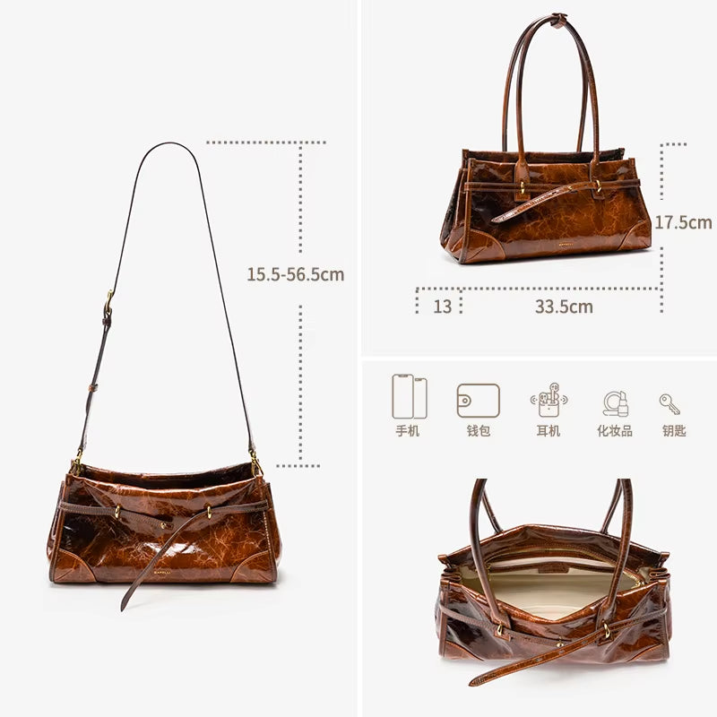Genuine Leather Boston Bag Women'S 2025 New Oil Wax Leather Baguette Bag Shoulder Crossbody Vintage Large Capacity