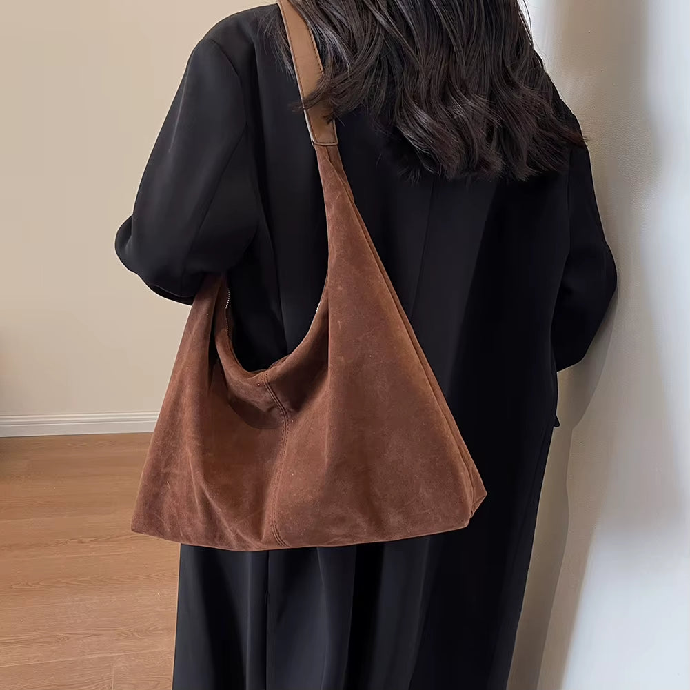 Suede Bag for Women Vintage Tote Bag Large Capacity PU Leather Shoulder Bag Simple Casual Handbag Travel Commuter Underarm Bag