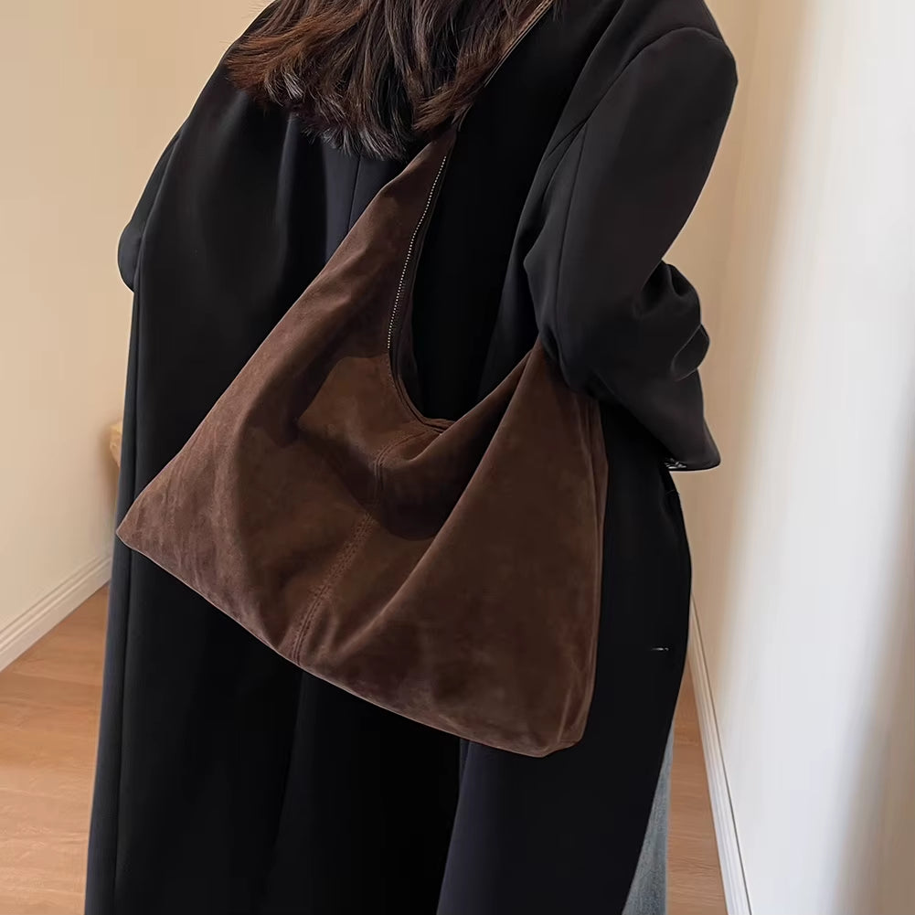 Suede Bag for Women Vintage Tote Bag Large Capacity PU Leather Shoulder Bag Simple Casual Handbag Travel Commuter Underarm Bag