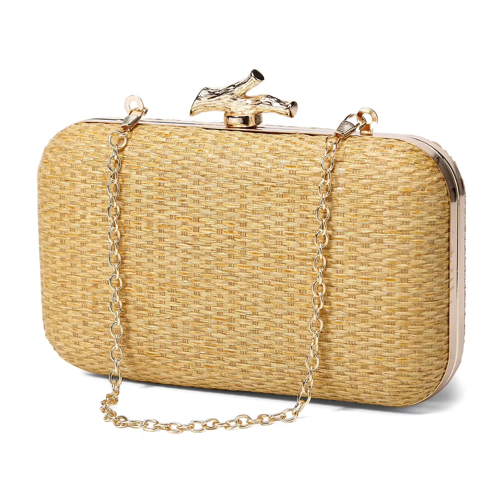 Women Hand-Woved Evening Bag with Chain Strap Woven Shoulder Bag Versatile Crochet Crossbody Bag Ladies Summer Daily Bag